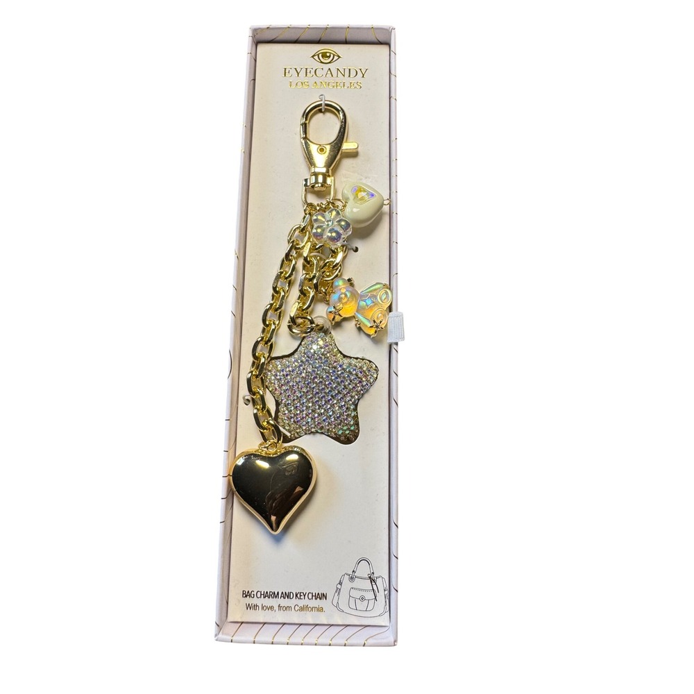 Y2K Eye candy Los Angeles Gold Rhinestone Star Heart Bag Charm Keychain NIB